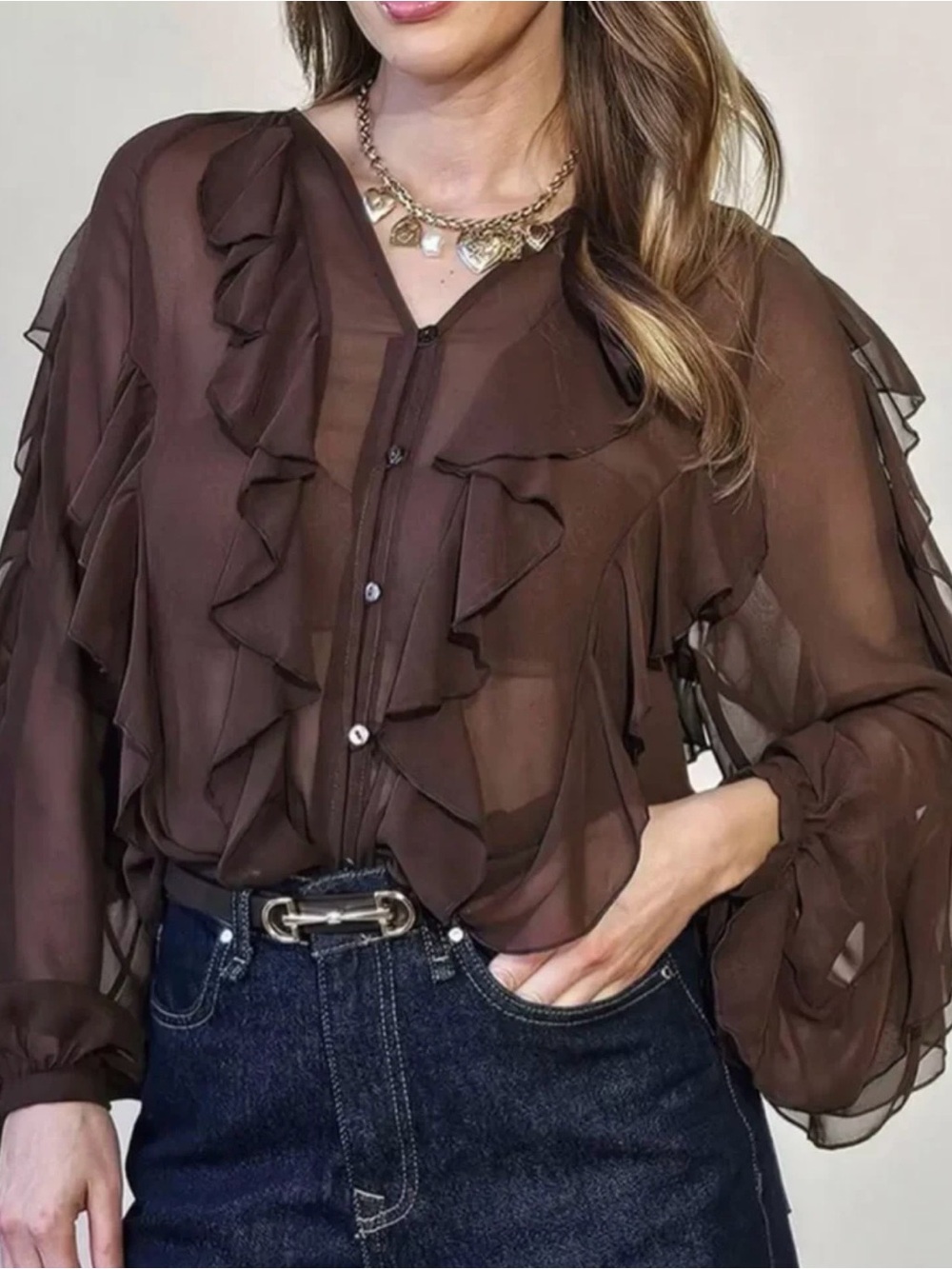 Ina Sheer Ruffle-Front Button Blouse - Brown